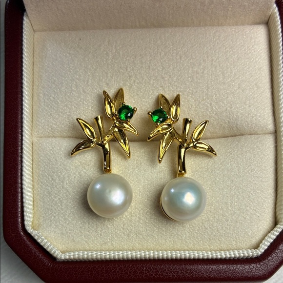 Handmade Jewelry - Gold Leaf Pearl Drop Earrings |Sterling Silver Posts | Christmas Gift for Her